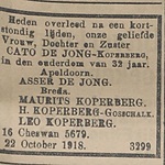 De Jong, Asser, 1918.11.01, Overlijden Cato Koperberg (NIW).jpg